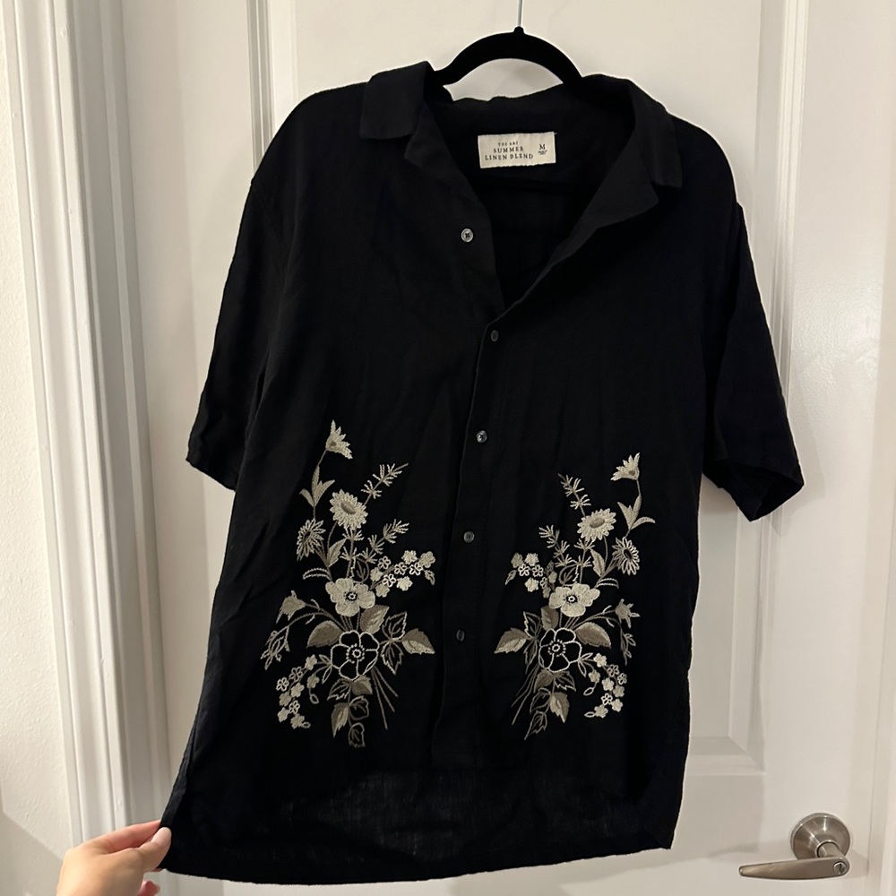 Abercrombie Linen Blend Camp Collar Embroidered Shirt